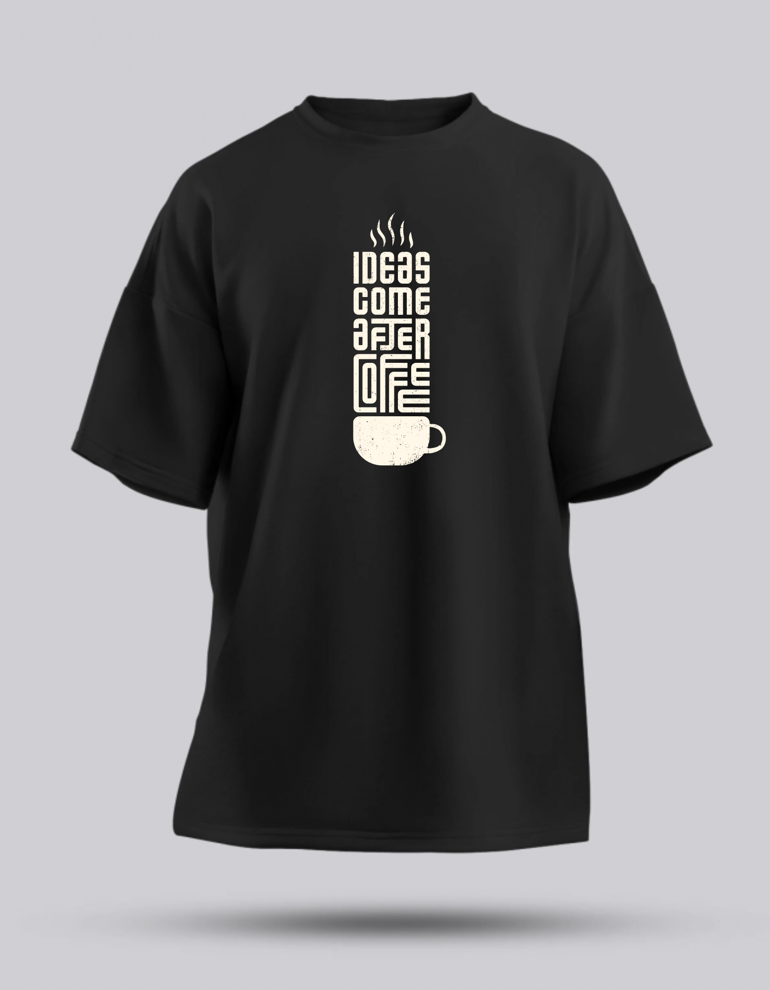 Oversize "Ideas Come After Coffee" Baskılı Siyah T-Shirt
