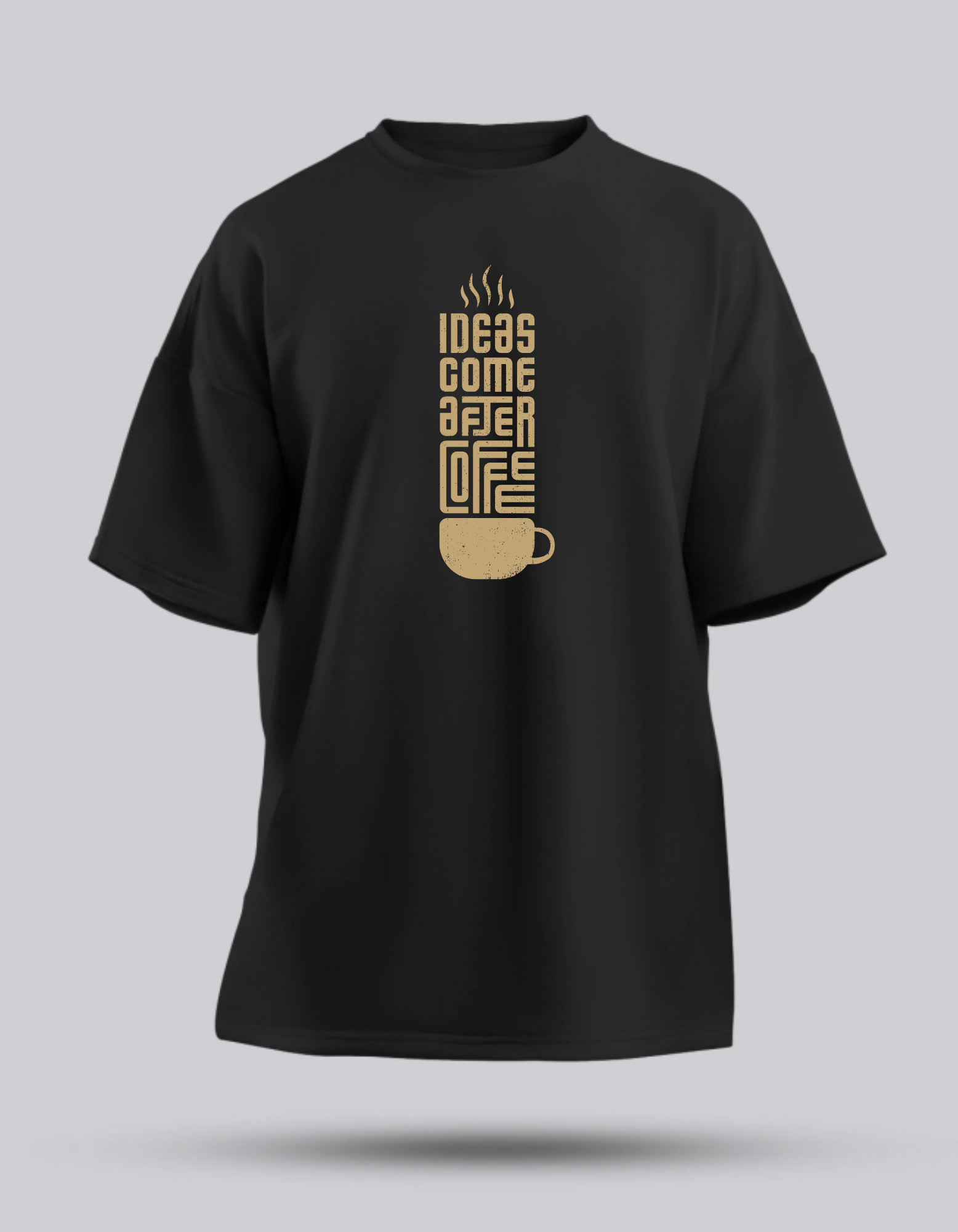Oversize "Ideas Come After Coffee" Kahverengi Baskılı Siyah T-Shirt