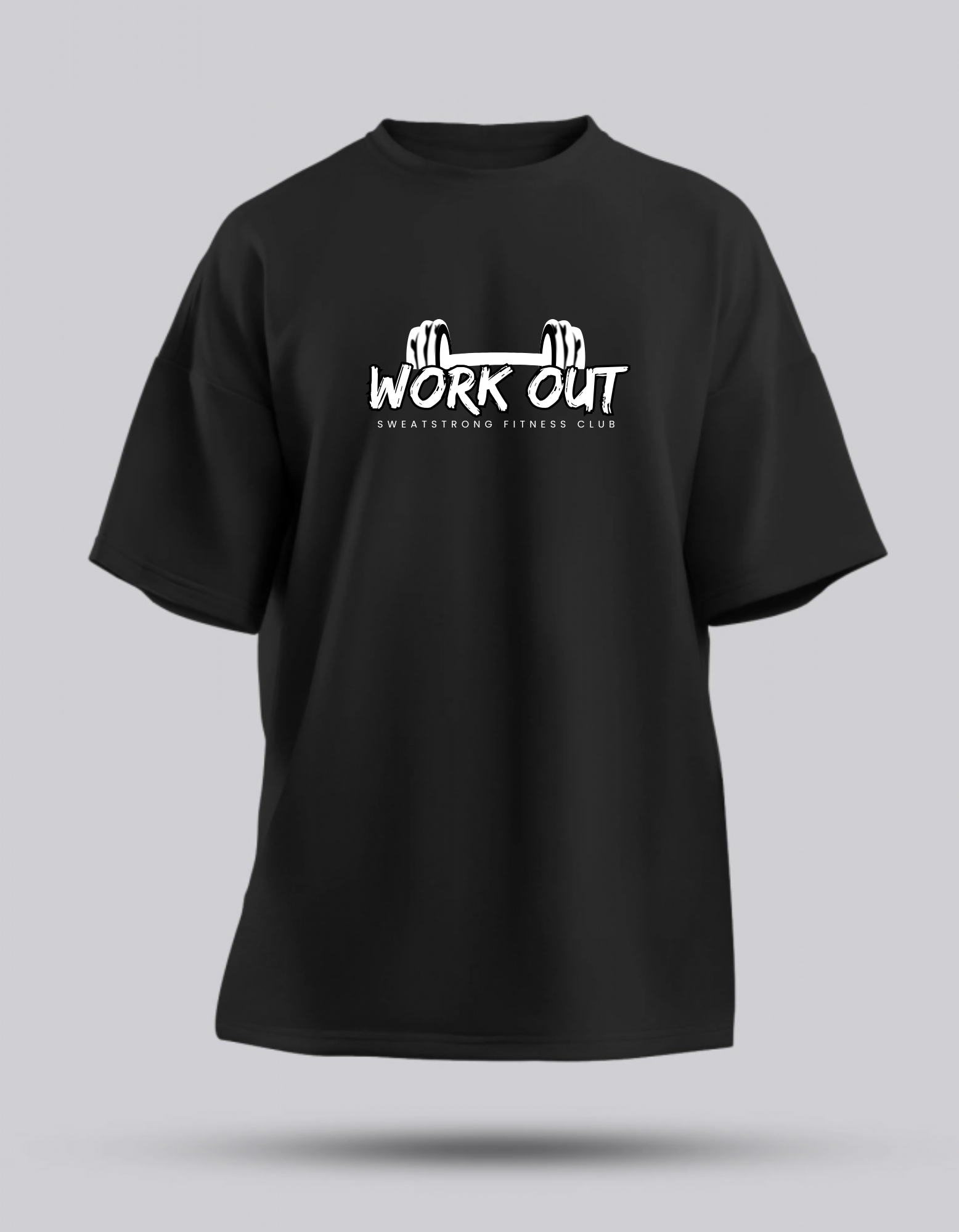 Oversize "Work Out" Baskılı Siyah T-Shirt