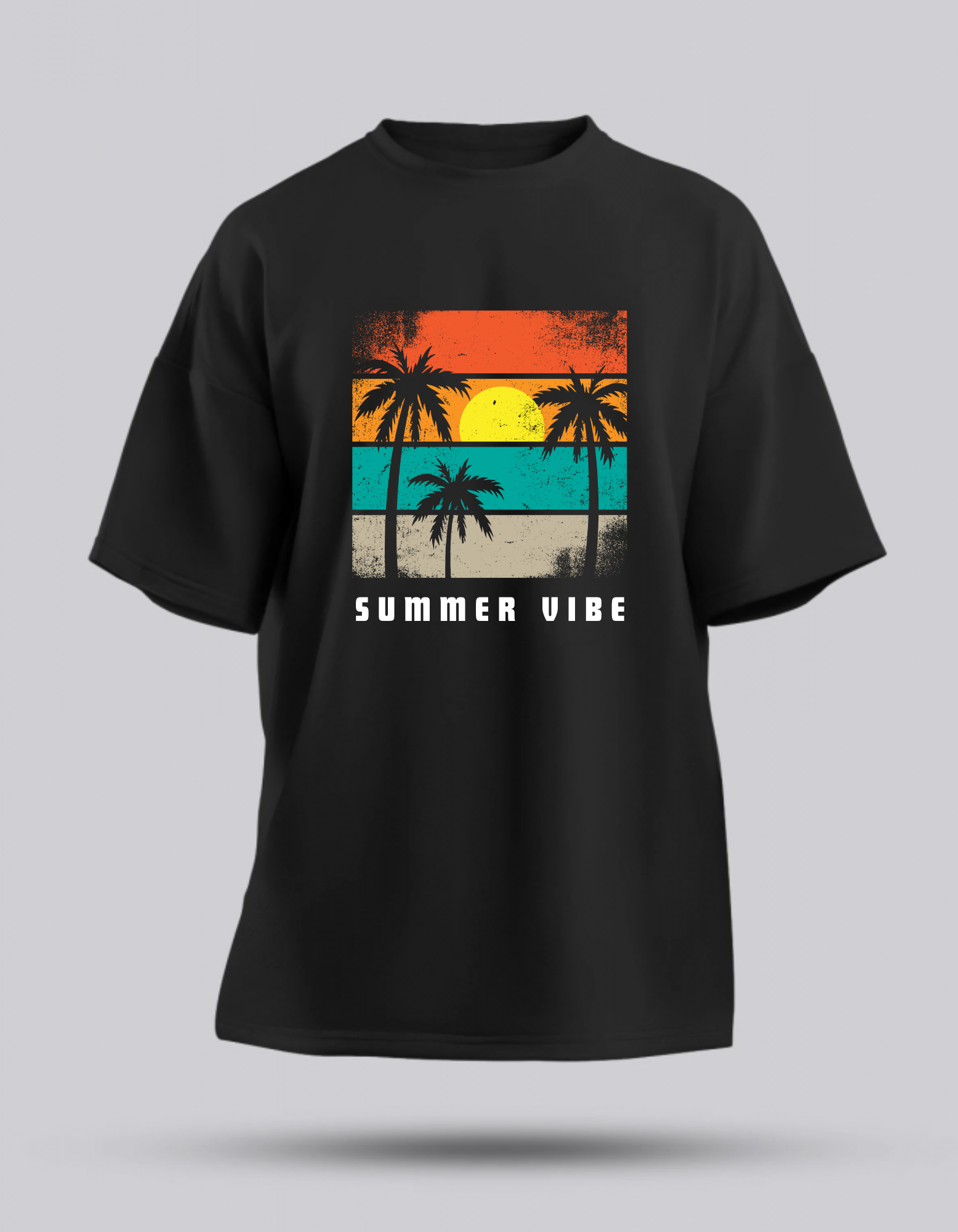 Oversize "SUMMER VIBE" Baskılı Siyah T-Shirt